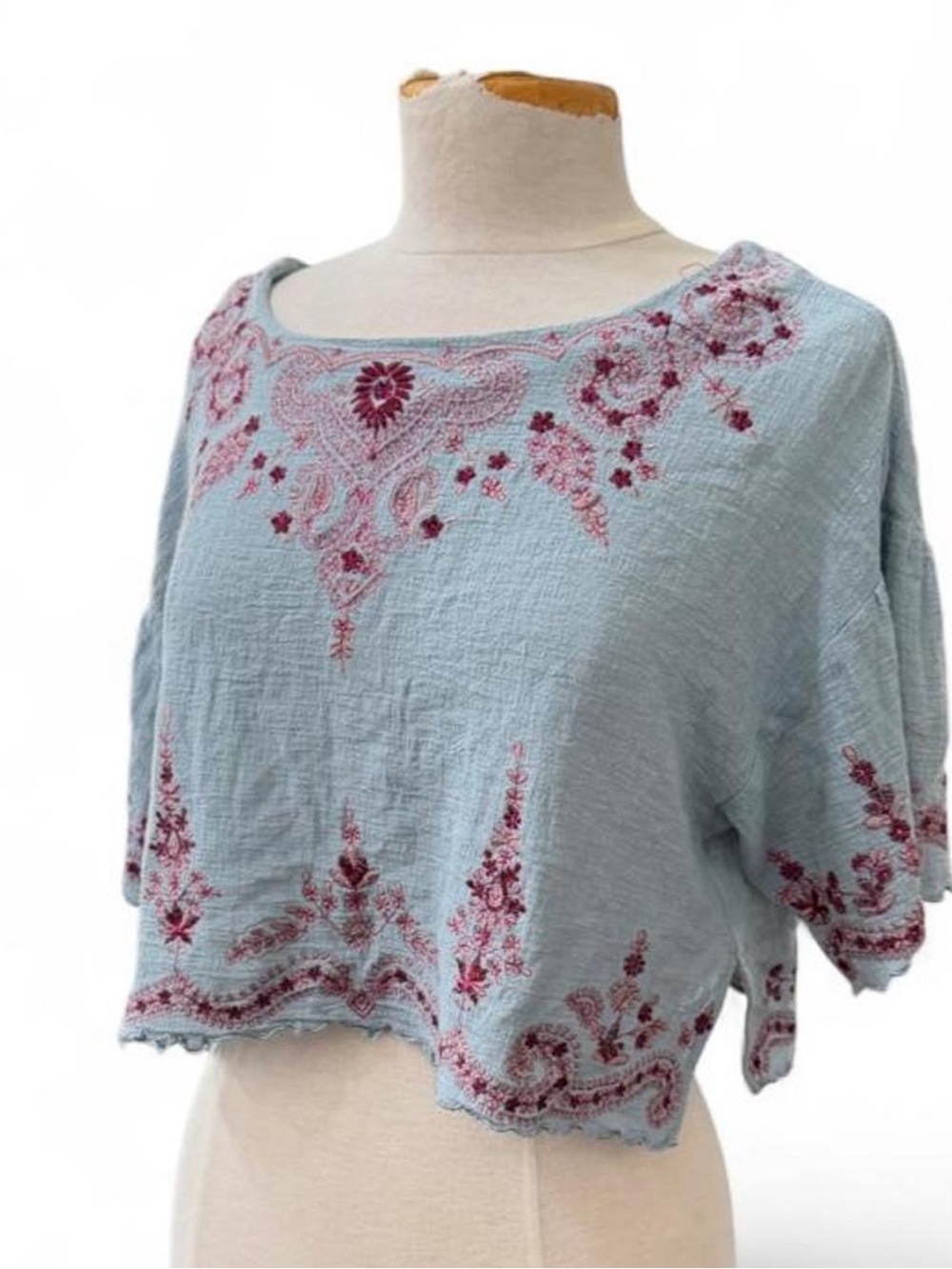 Free People Embroidered Gauze Crop Top Blue Burgundy Boho Flutter Sleeve XS